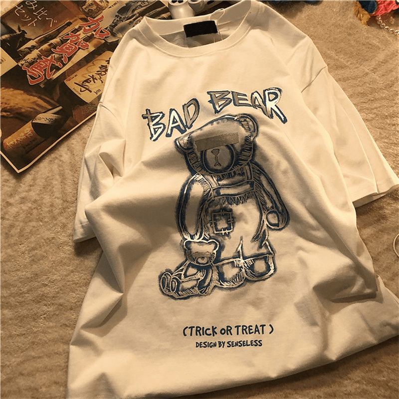 2023 Summer Ny Tide Brand Creative Graffiti Bear Med Tryck Kortärmad T-shirt Manlig Lös Halvärmad T-shirt Med Rund Hals