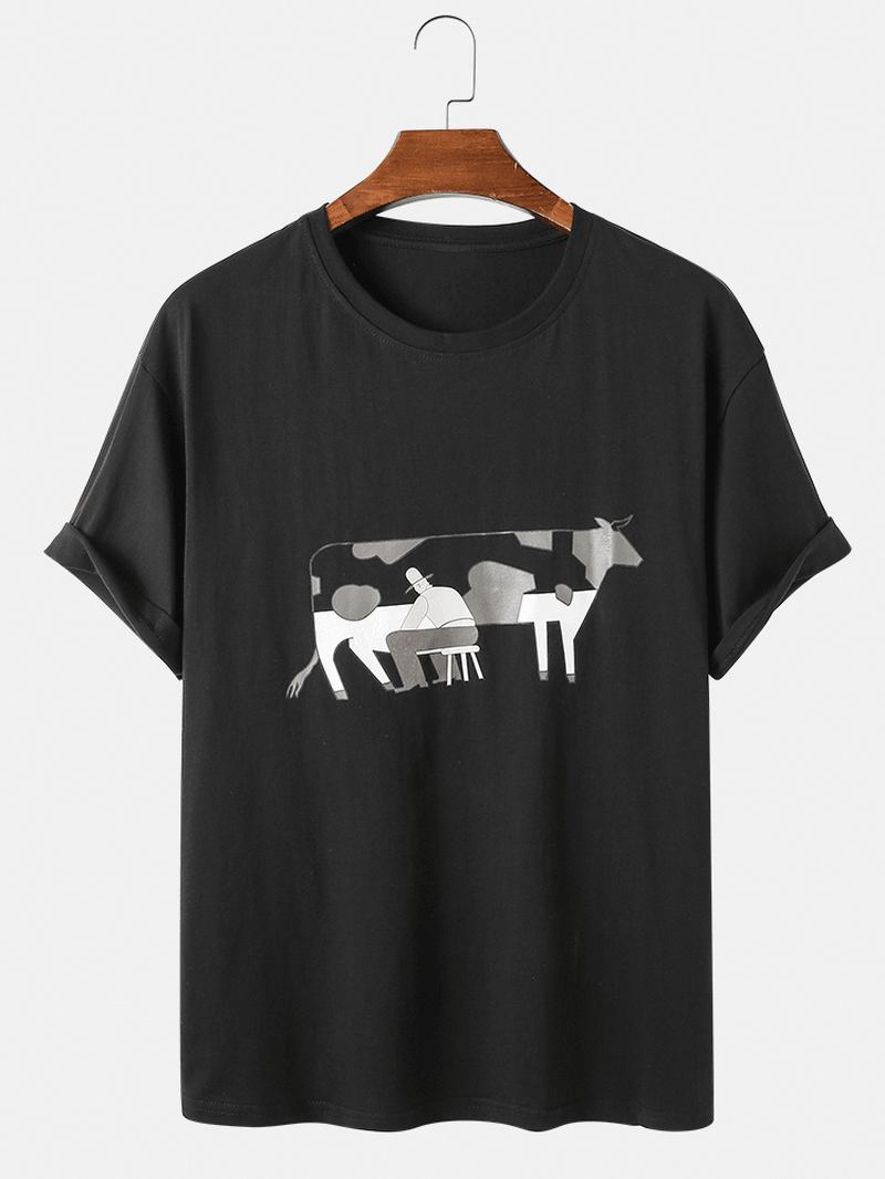 Bomull Cartoon Milking Med Tryck Rundhalsad Kortärmad Lösa T-shirts