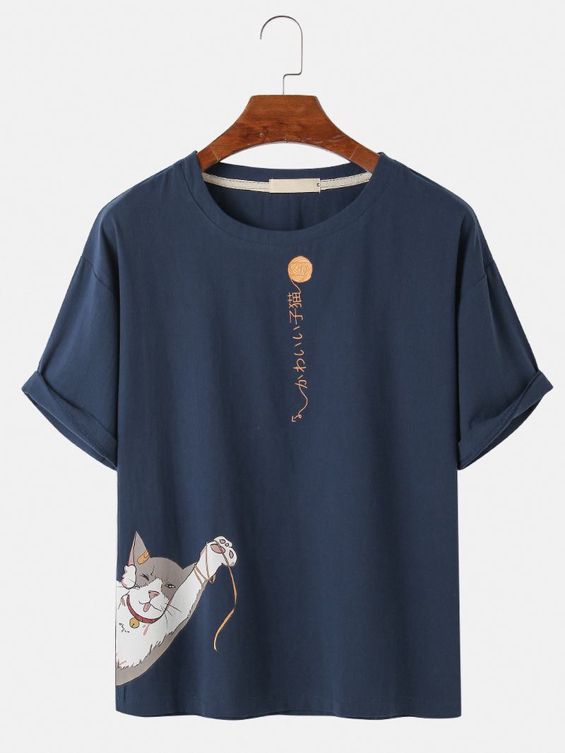 Bomull Söt Tecknad Kattmönster Text Med Tryck Kortärmad Casual T-shirt