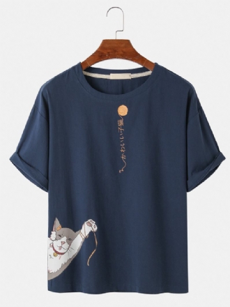 Bomull Söt Tecknad Kattmönster Text Med Tryck Kortärmad Casual T-shirt