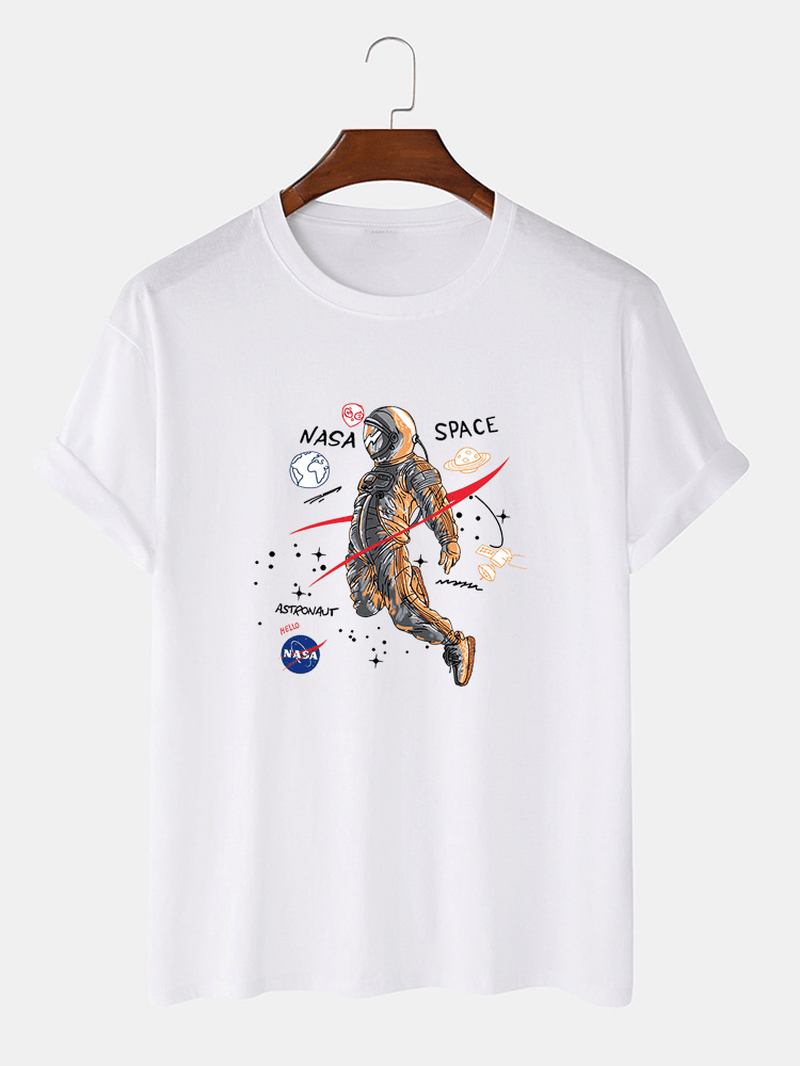 Cartoon Astronaut Med Tryck 100% Bomull Casual Kortärmade T-shirts