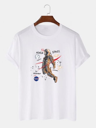 Cartoon Astronaut Med Tryck 100% Bomull Casual Kortärmade T-shirts