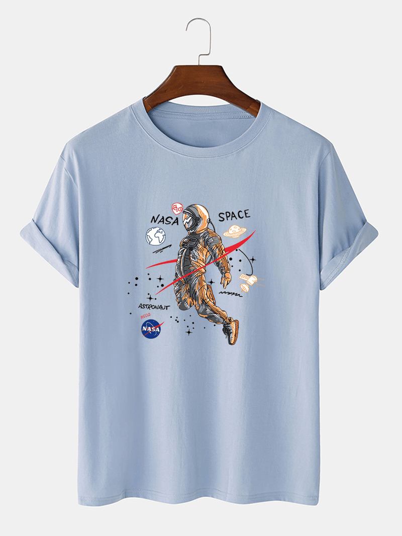 Cartoon Astronaut Med Tryck 100% Bomull Casual Kortärmade T-shirts