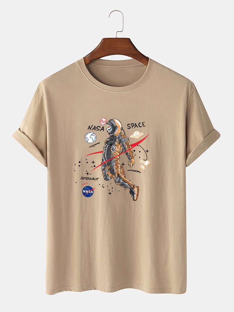 Cartoon Astronaut Med Tryck 100% Bomull Casual Kortärmade T-shirts