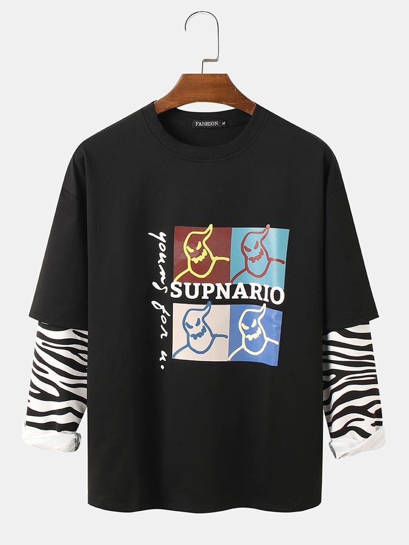 Grafiskt Tryck För Män Zebra Patchwork Faux Twinset Långärmad T-shirt