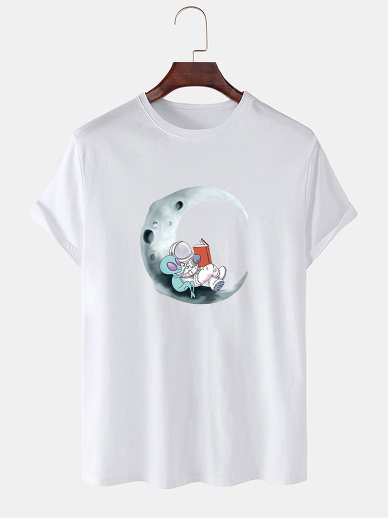 Herr 100% Bomull Moon Astronaut Med Tryck Kortärmade Casual T-shirts