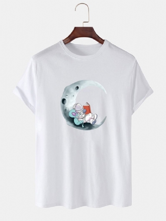 Herr 100% Bomull Moon Astronaut Med Tryck Kortärmade Casual T-shirts