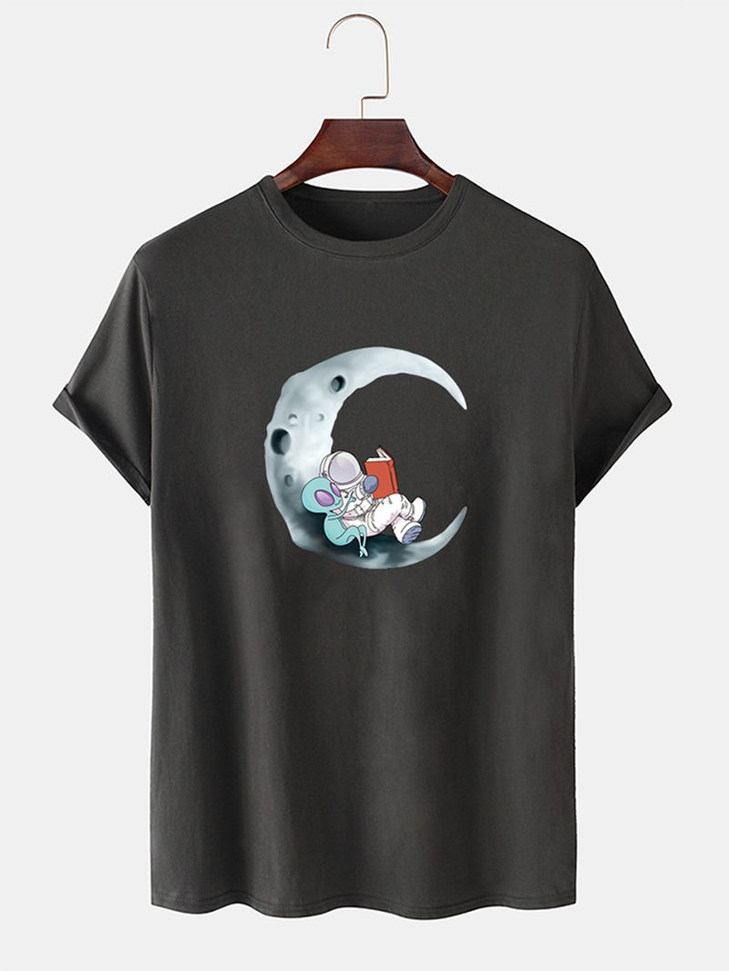 Herr 100% Bomull Moon Astronaut Med Tryck Kortärmade Casual T-shirts