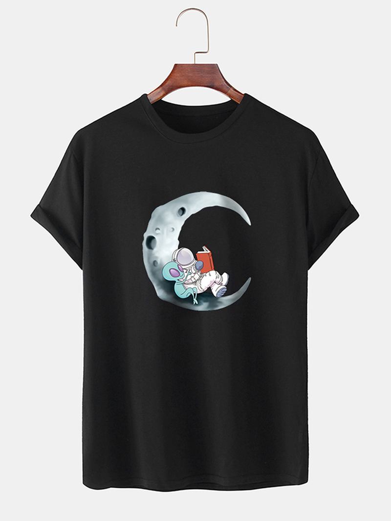 Herr 100% Bomull Moon Astronaut Med Tryck Kortärmade Casual T-shirts