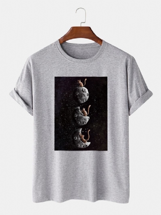 Herr 100% Bomull Space Katt Grafiskt Tryck Casual Kortärmad T-shirt