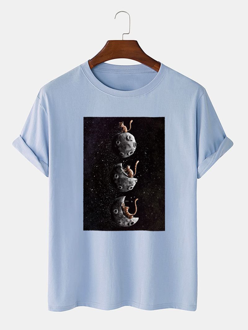 Herr 100% Bomull Space Katt Grafiskt Tryck Casual Kortärmad T-shirt