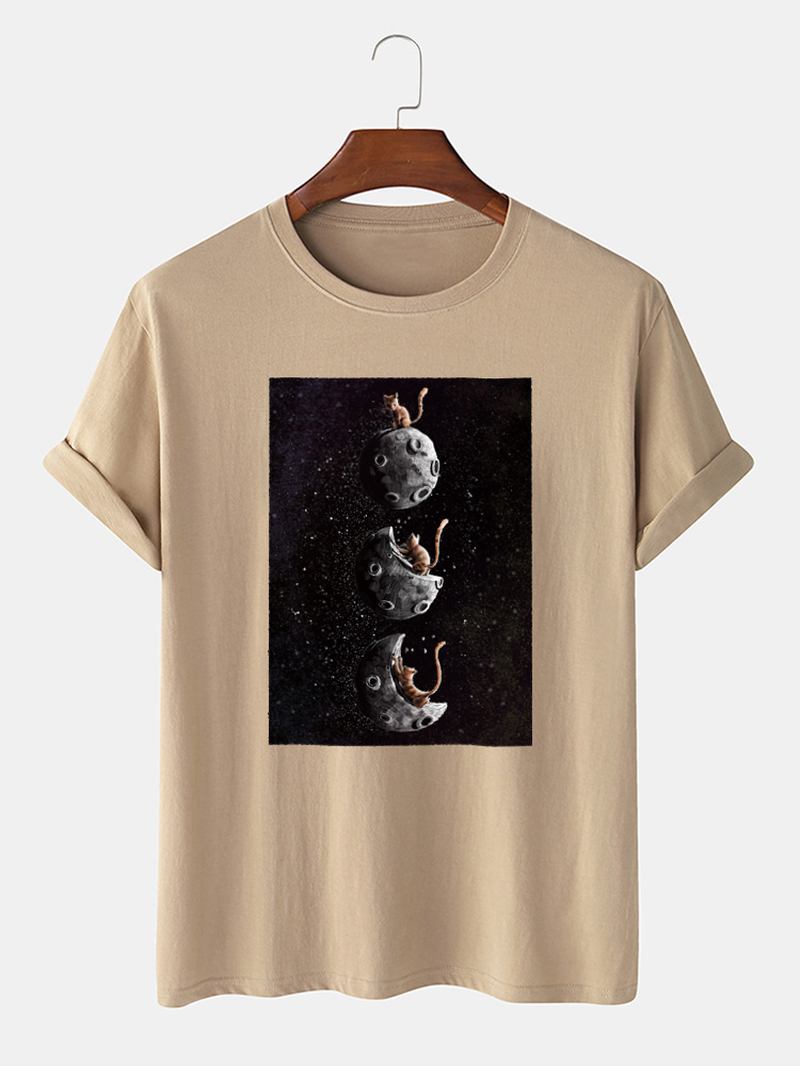 Herr 100% Bomull Space Katt Grafiskt Tryck Casual Kortärmad T-shirt