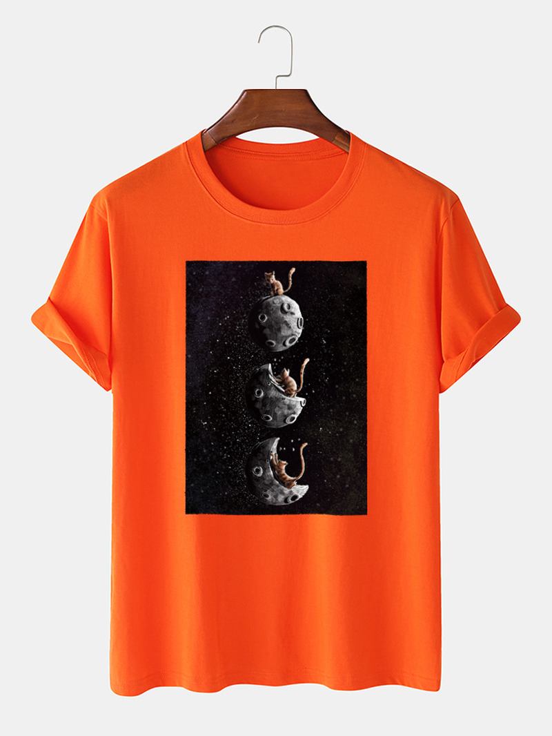 Herr 100% Bomull Space Katt Grafiskt Tryck Casual Kortärmad T-shirt