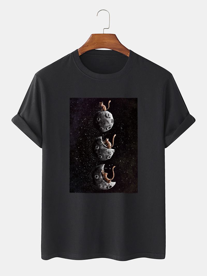 Herr 100% Bomull Space Katt Grafiskt Tryck Casual Kortärmad T-shirt