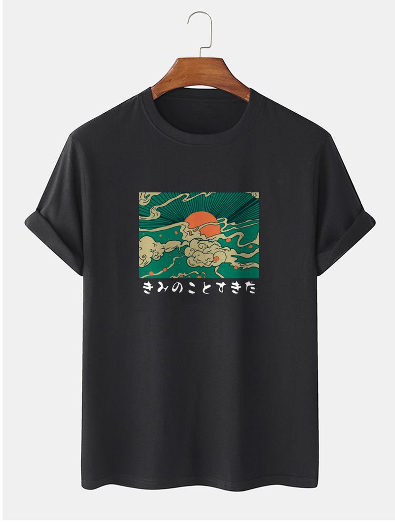 Herr 100% Bomull Ukiyoe Med Tryck Rundhalsad Kortärmad T-shirt