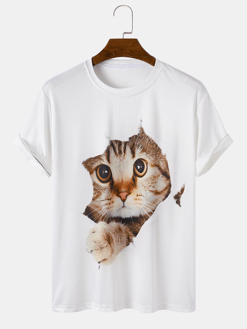 Herr 3d Söt Katt Med Tryck Solid Casual Lös Kortärmad T-shirt