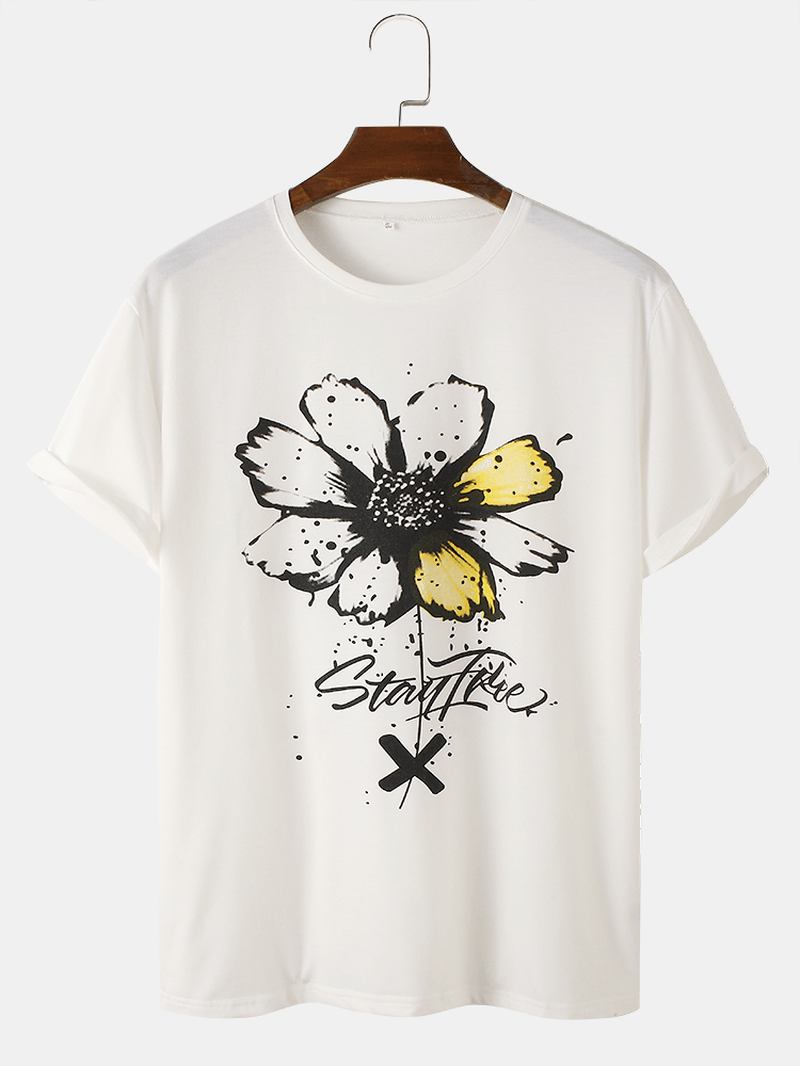 Herr Akvarell Blommönster O-hals Bomull Kortärmade T-shirts