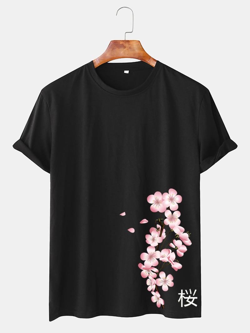 Herr Körsbärstryck Japansk Stil O-halsad Kortärmad T-shirt