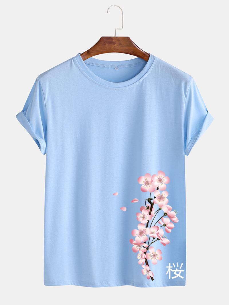 Herr Körsbärstryck Japansk Stil O-halsad Kortärmad T-shirt