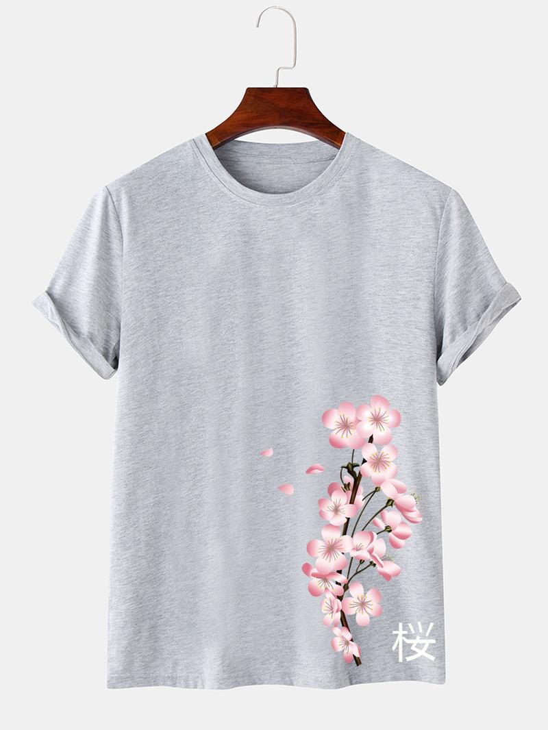 Herr Körsbärstryck Japansk Stil O-halsad Kortärmad T-shirt