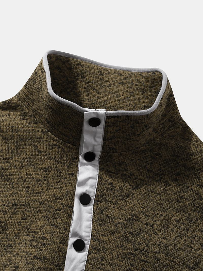 Herr Solid Henley Stand Collar Ve Full Med Tryck T-shirt