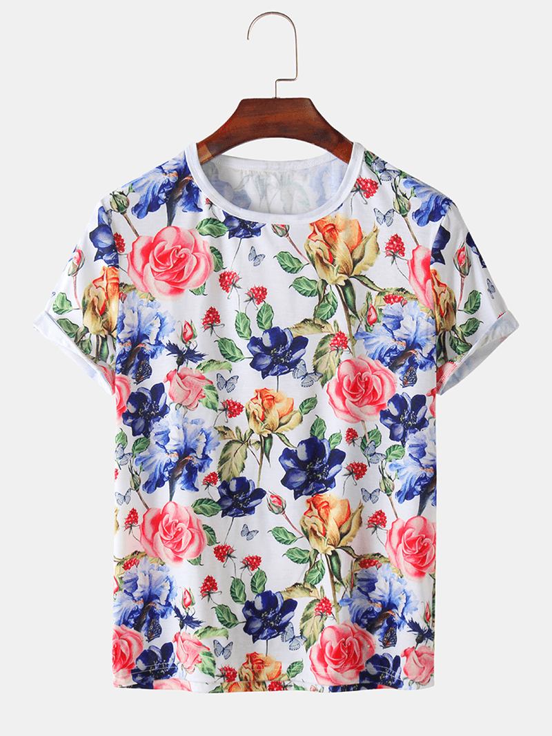 Herrrosa Blommönster Holiday Casual Kortärmade T-shirts