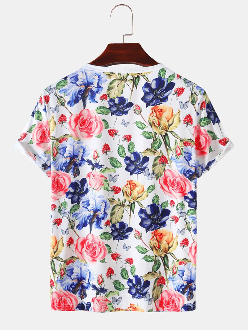 Herrrosa Blommönster Holiday Casual Kortärmade T-shirts