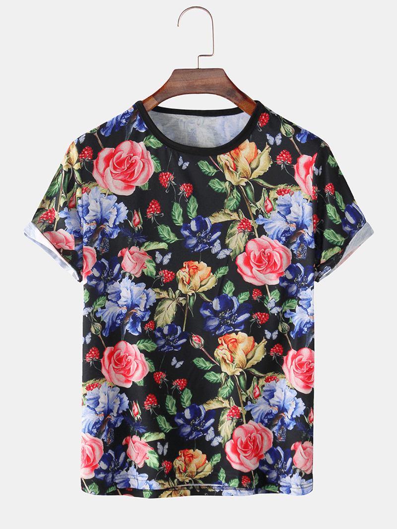 Herrrosa Blommönster Holiday Casual Kortärmade T-shirts