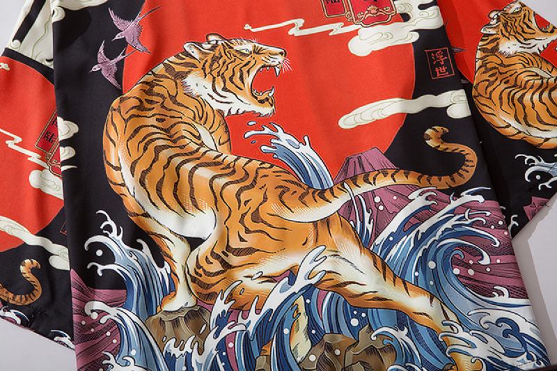 Japansk Ukiyo-e Robe Kostym Tiger Med Tryck Kimono