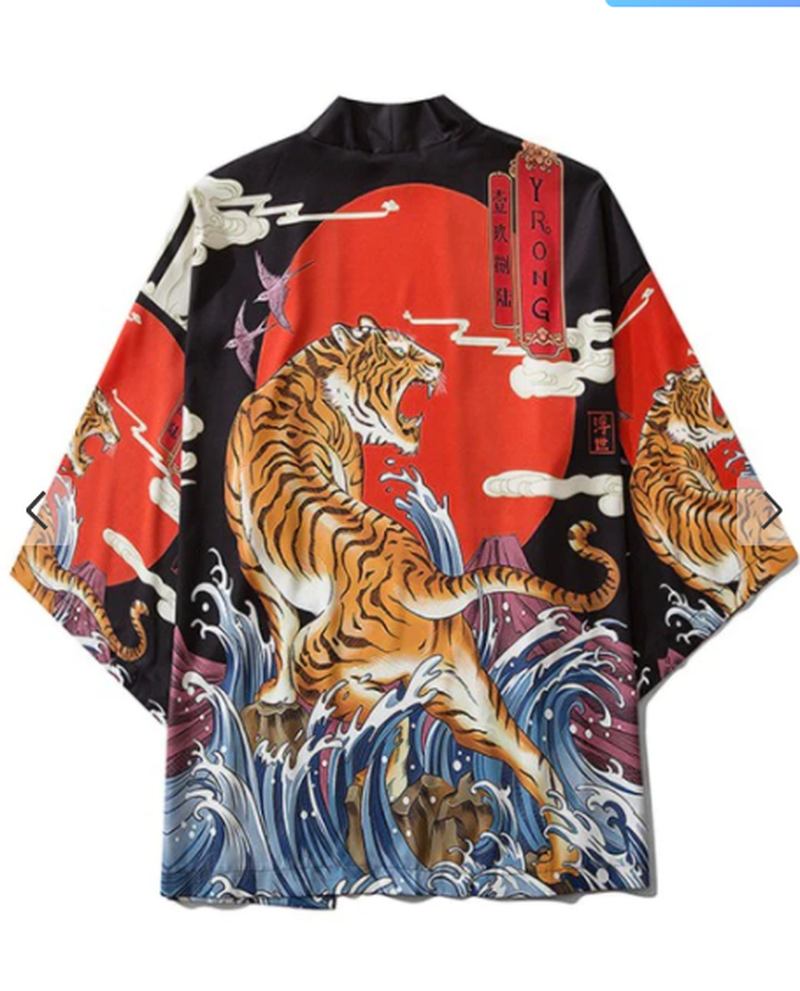 Japansk Ukiyo-e Robe Kostym Tiger Med Tryck Kimono