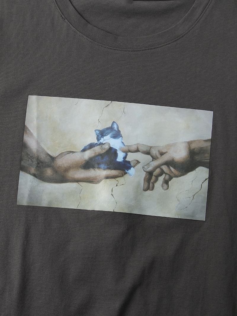 Katt- Och Gesttryck För Män Med Rund Hals Kortärmad Avslappnad T-shirt