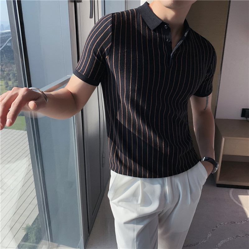 Lapel Tight-sittande Randig Stretch Kortärmad T-shirt