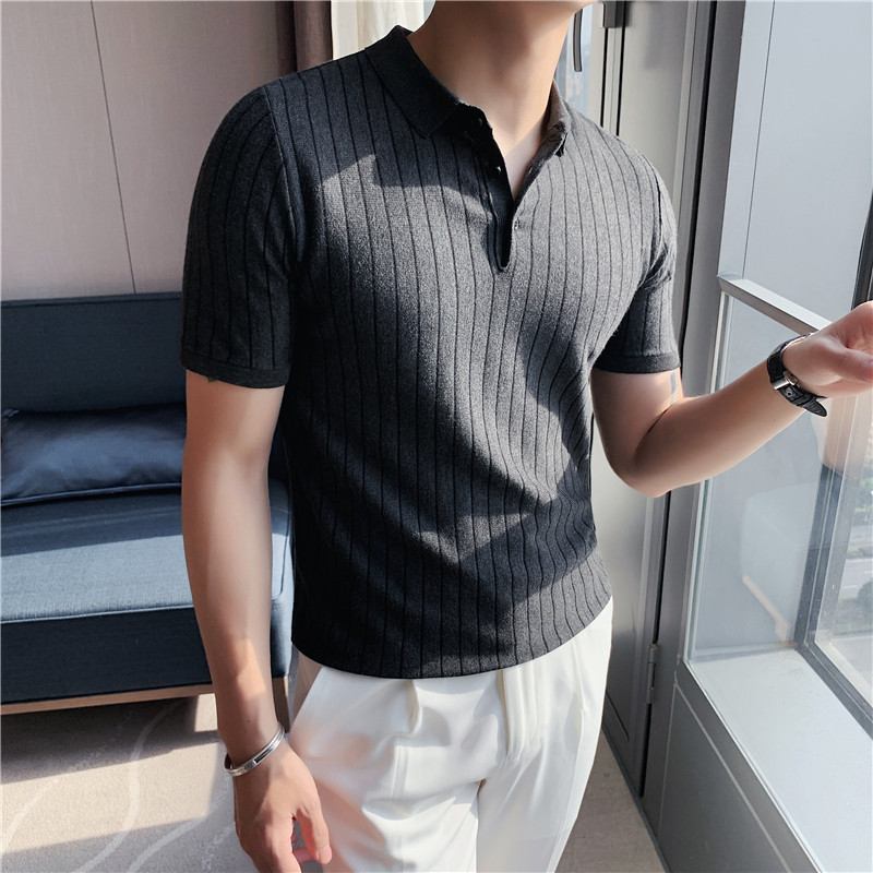 Lapel Tight-sittande Randig Stretch Kortärmad T-shirt