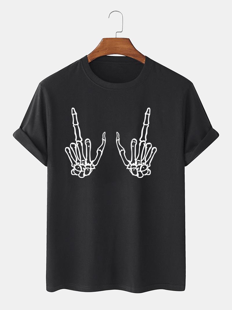 Män 100% Bomull Mörksvart Gotisk Stil Skull Gesture Casual T-shirts