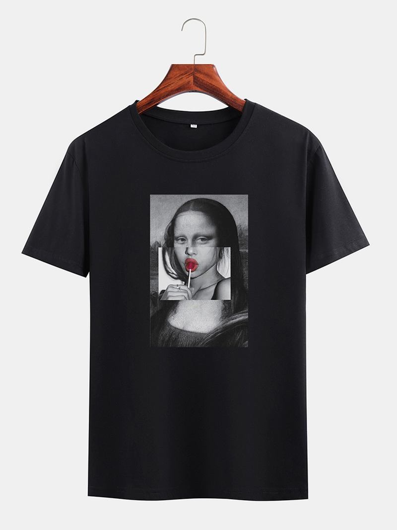 Män Roliga Kuso Mona Lisa Licens Crew Neck Svarta Kortärmade T-shirts