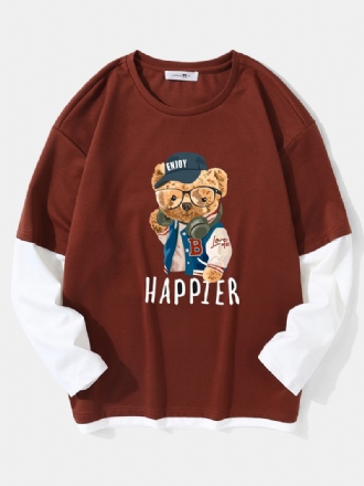 Män Teddy Bear Med Tryck Letter Fakes Two Drop Shoulder T-shirts