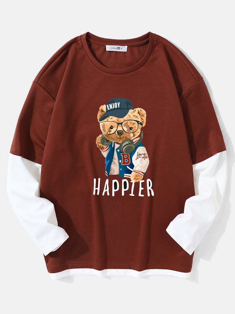 Män Teddy Bear Med Tryck Letter Fakes Two Drop Shoulder T-shirts