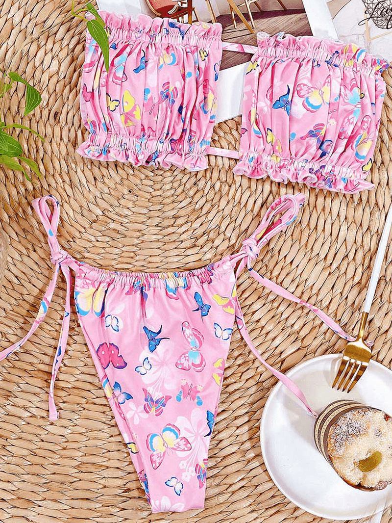 Animal Butterfly Med Tryck Tie Tube Strapless Bikini Beach Badkläder För Kvinnor