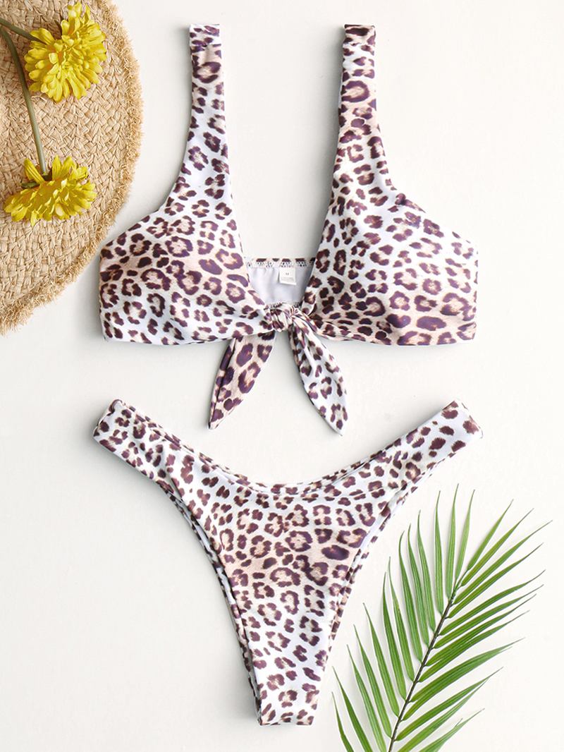 Animal Leopard Med Tryck Tie Front Bred Shoulder Backless Mid Waist Bikini