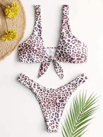 Animal Leopard Med Tryck Tie Front Bred Shoulder Backless Mid Waist Bikini