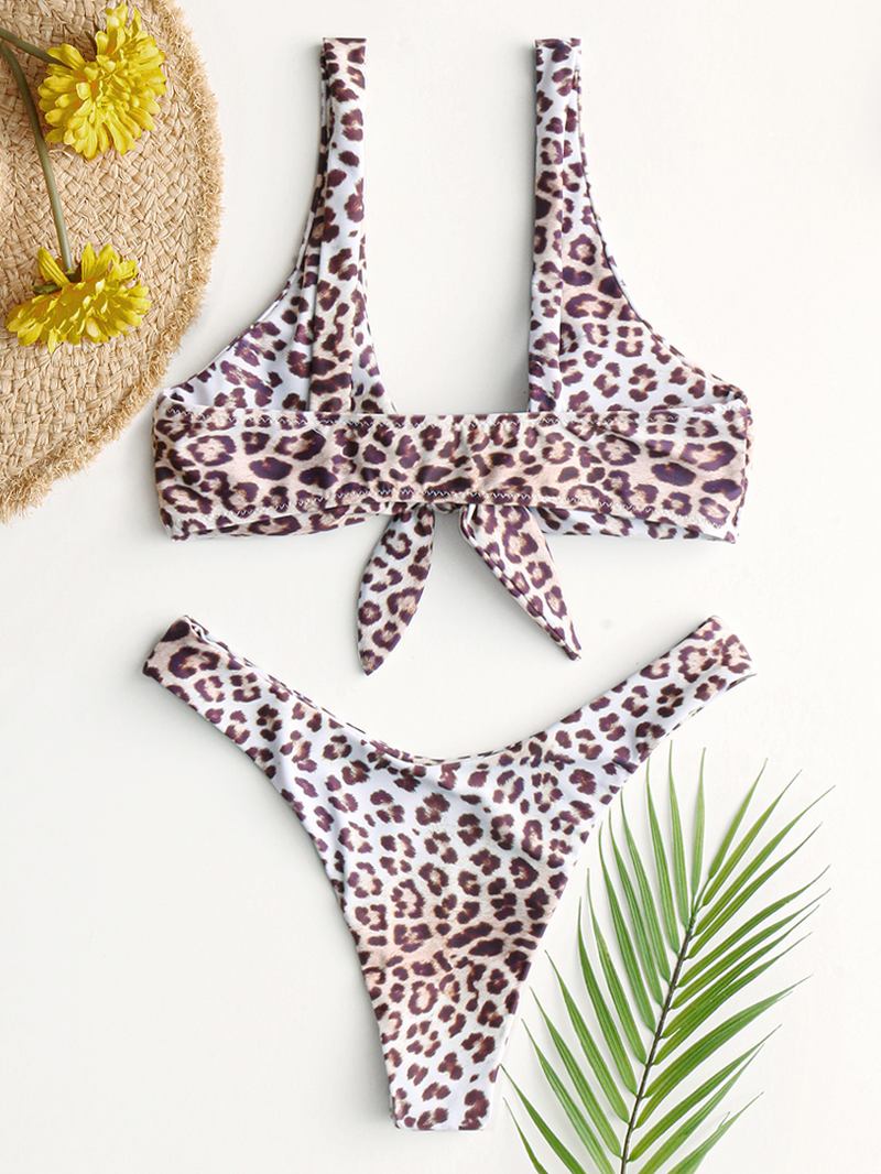 Animal Leopard Med Tryck Tie Front Bred Shoulder Backless Mid Waist Bikini