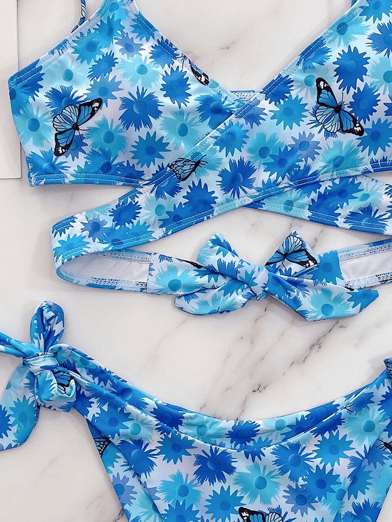 Blommig Butterfly Animal Med Tryck Tie Cross Split Beach Bikini Dam Baddräkt