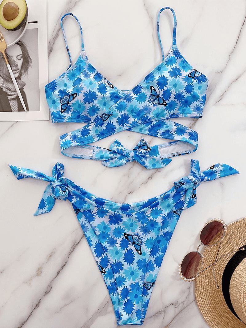 Blommig Butterfly Animal Med Tryck Tie Cross Split Beach Bikini Dam Baddräkt