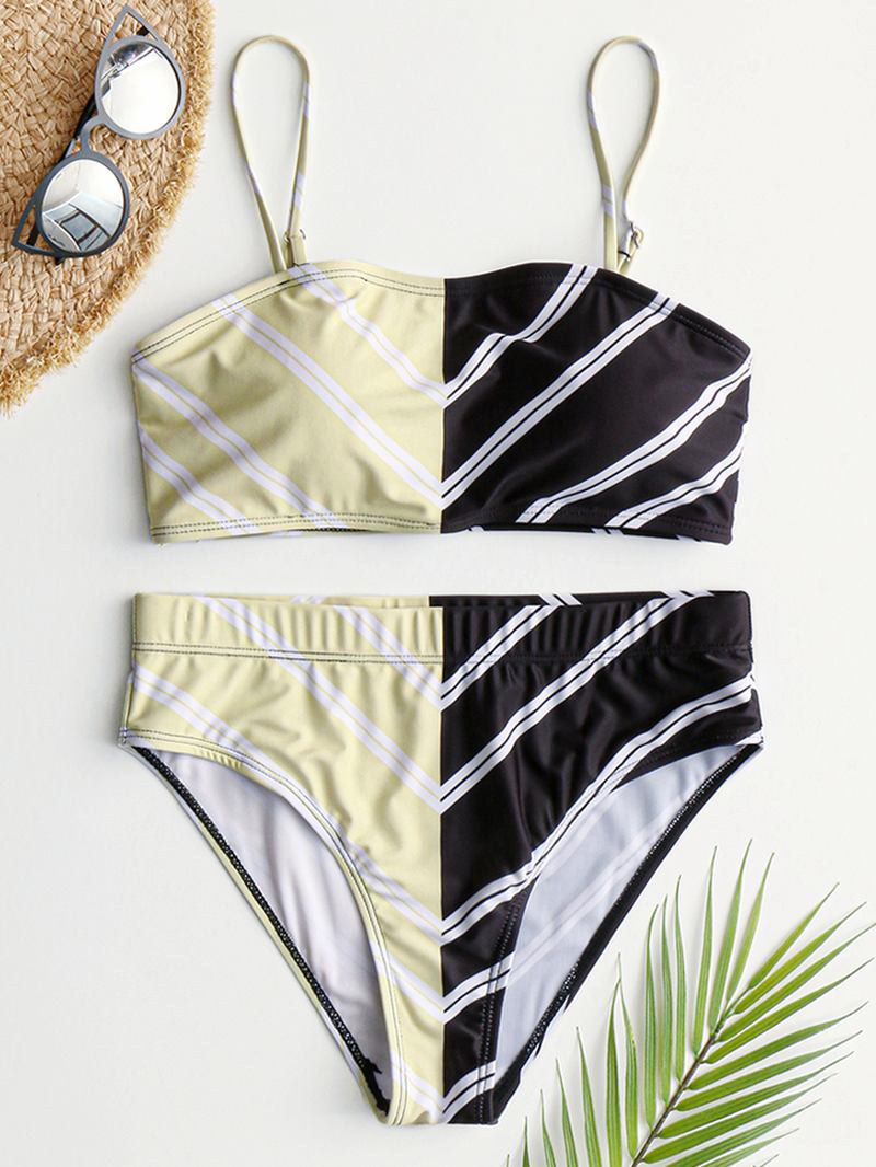 Dam Chevron Enfärgade Patchwork Bikini Beach Baddräkt Med Hög Midja