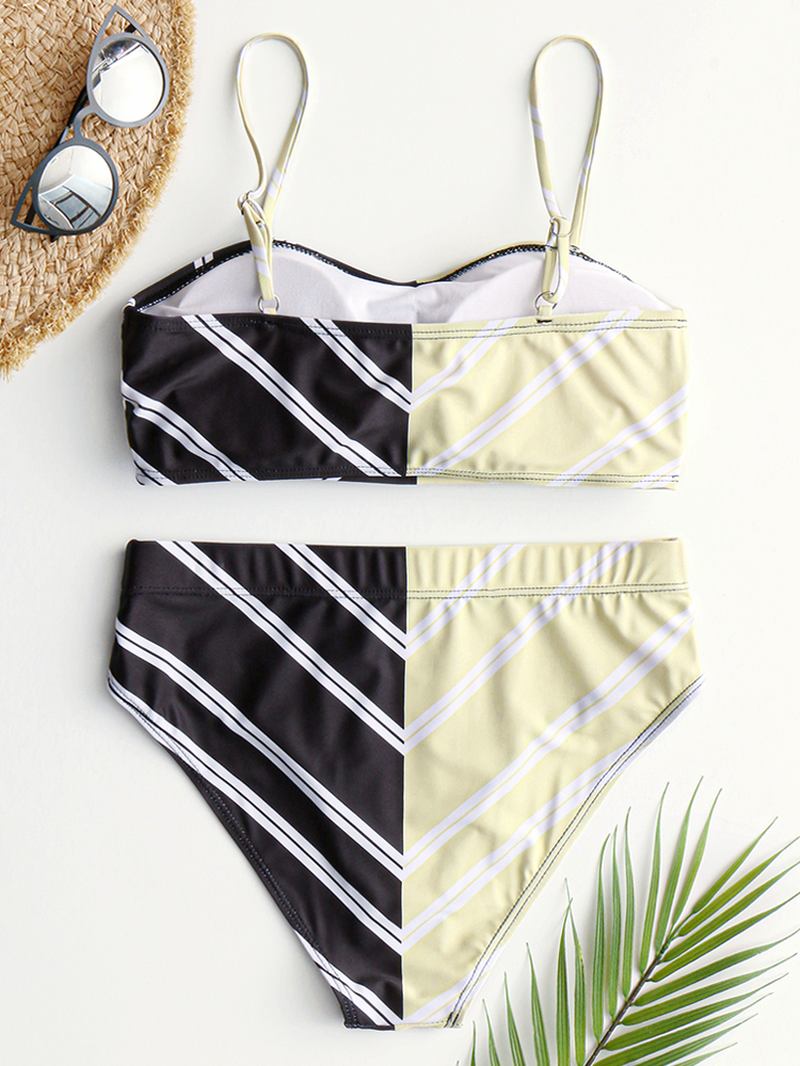 Dam Chevron Enfärgade Patchwork Bikini Beach Baddräkt Med Hög Midja