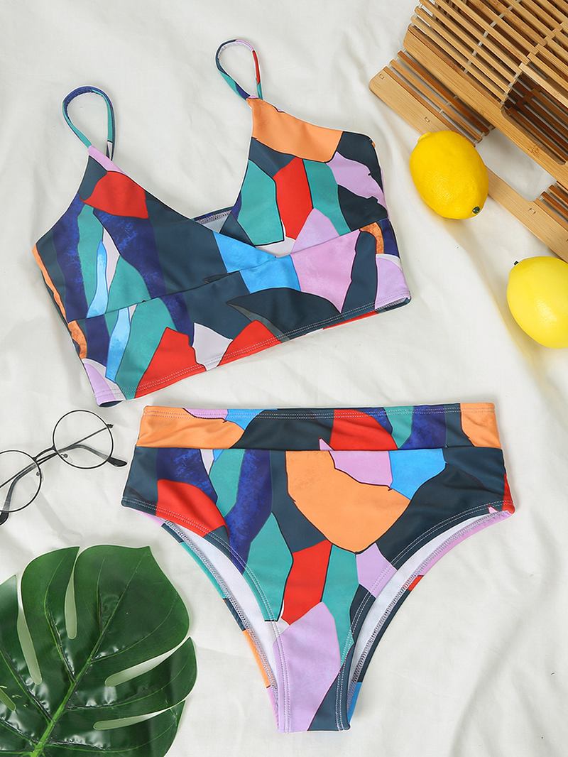 Dam Geometri Med Tryck High Waist Bikini Spaghetti Straps Badkläder