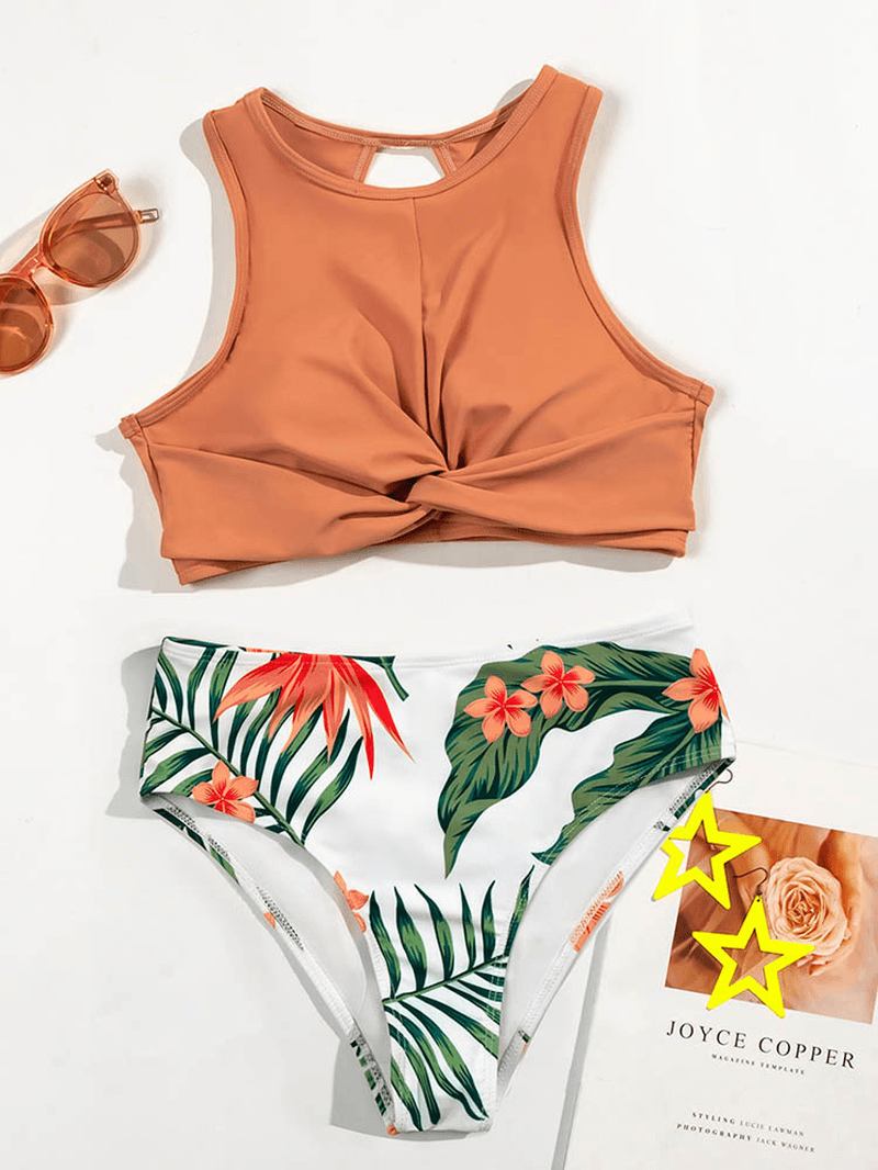 Enfärgad Twist High Neck Top Tropical Med Tryck High Waist Hawaii Style Trosa Bikini För Kvinnor