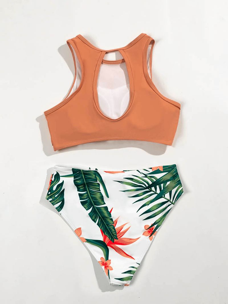 Enfärgad Twist High Neck Top Tropical Med Tryck High Waist Hawaii Style Trosa Bikini För Kvinnor