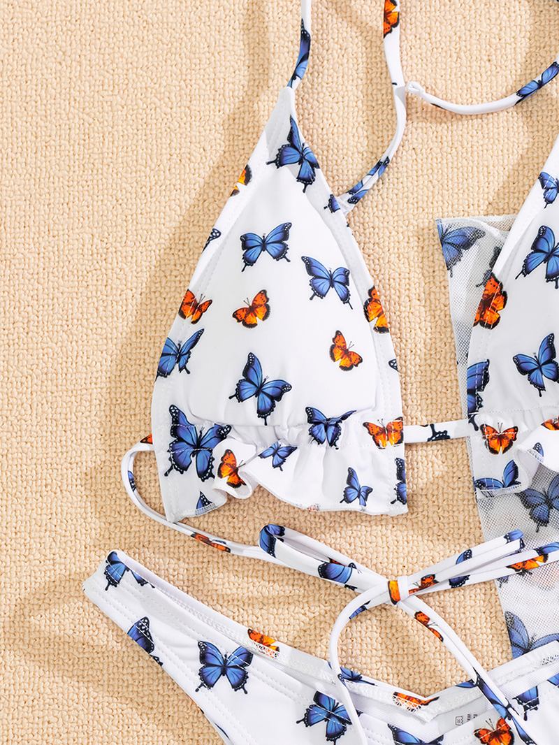 Fjärilstryck Blomgrimma Volang Delad Kjol Badkläder Beach Bikini Tredelade Set För Kvinnor