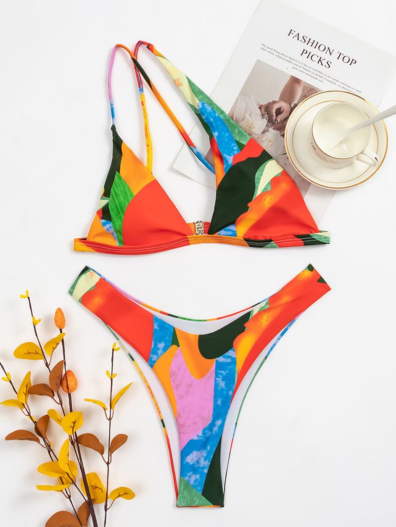 Geometri Mönstertryck Färg Block One Shoulder Criss-cross Hawaii Bikini